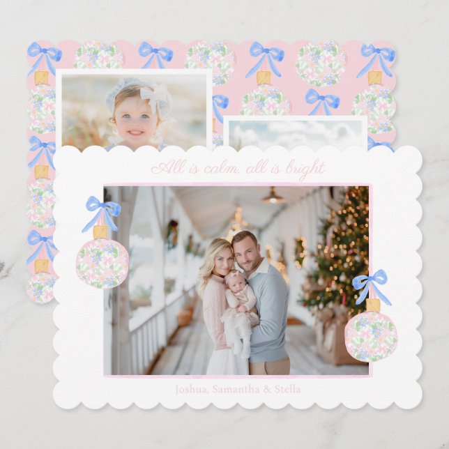 Preppy Grandmillennial Christmas Bulbs & Bows Holiday Card (Front/Back)