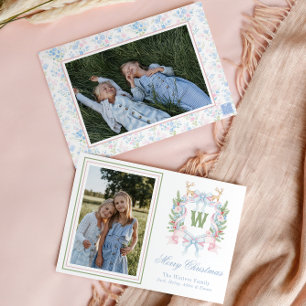 Preppy Grandmillennial Christmas Monogram Crest Holiday Card