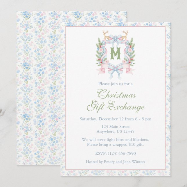 Preppy Grandmillennial Christmas Monogram Crest Invitation (Front/Back)