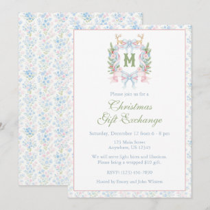Preppy Grandmillennial Christmas Monogram Crest Invitation