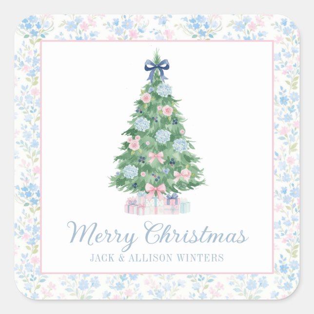Preppy Grandmillennial Christmas Tree Square Sticker (Front)