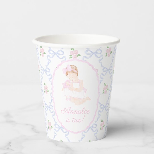 Preppy Grandmillennial Dolly and Me Pink Bows Paper Cups (Front)