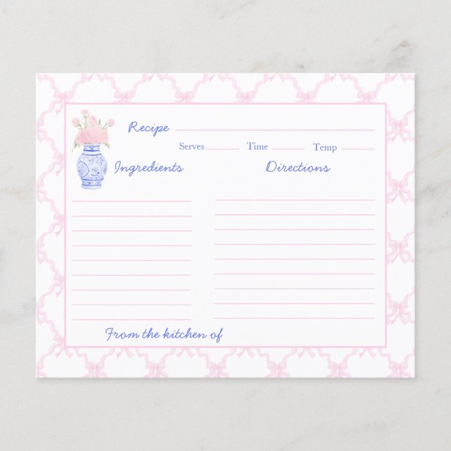 Preppy Grandmillennial Ginger Jar Bow Recipe Card (Front)