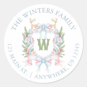 Preppy Grandmillennial Monogram Crest Address Classic Round Sticker