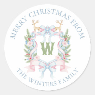 Preppy Grandmillennial Monogram Crest Gift Classic Round Sticker