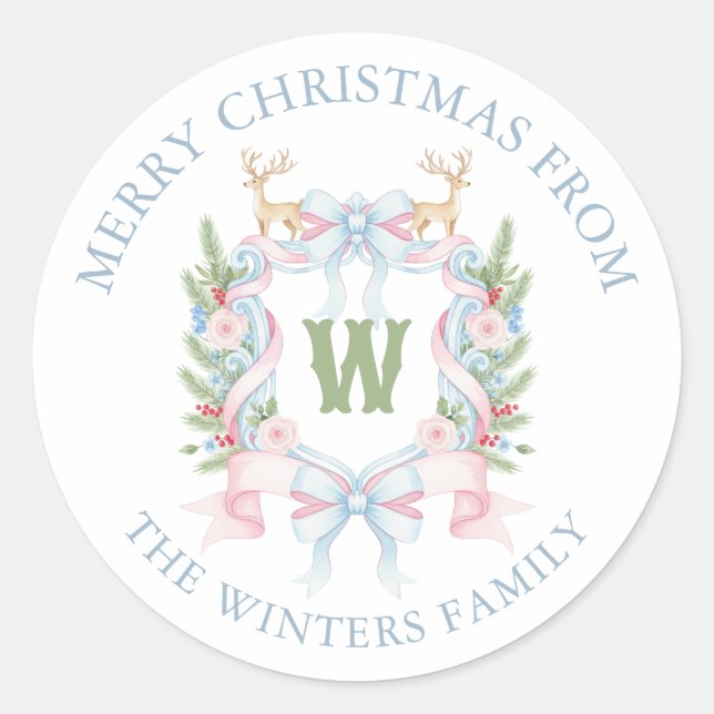 Preppy Grandmillennial Monogram Crest Gift Classic Round Sticker (Front)