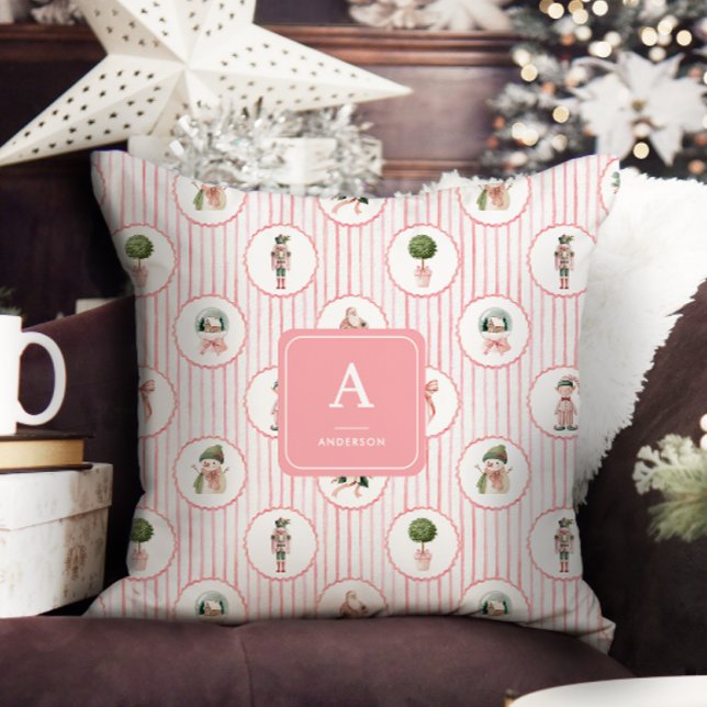 Preppy Grandmillennial Pink Nutcracker Christmas Throw Pillow (Creator Uploaded)