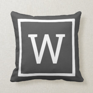 Preppy Graphic Border Monogram Grey Throw Pillow