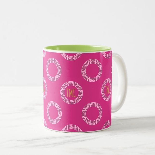 Preppy Greek Key Circles Sorority INITIALS College Two-Tone Coffee Mug (Front Right)