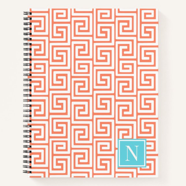 Preppy Greek Key Monogram – Coral & Turquoise Notebook (Front)