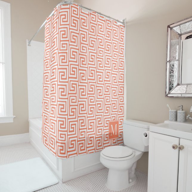 Preppy Greek Key Monogram – Coral & White (In Situ)