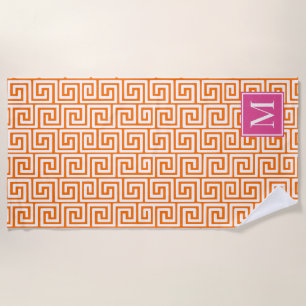 Preppy Greek Key Monogram – Orange & Hot Pink Beach Towel