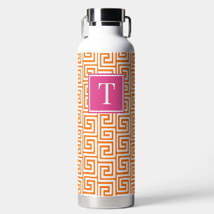 Preppy Greek Key Monogram - Orange & Hot Pink Water Bottle
