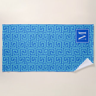 Preppy Greek Key Monogram – Royal Blue & Turquoise Beach Towel