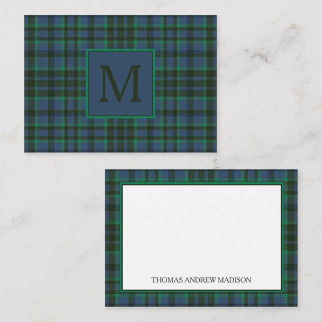 Preppy Green and Blue Plaid Monogram Card (Front/Back)