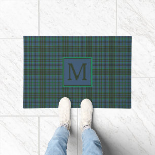Preppy Green and Blue Plaid Monogram Doormat