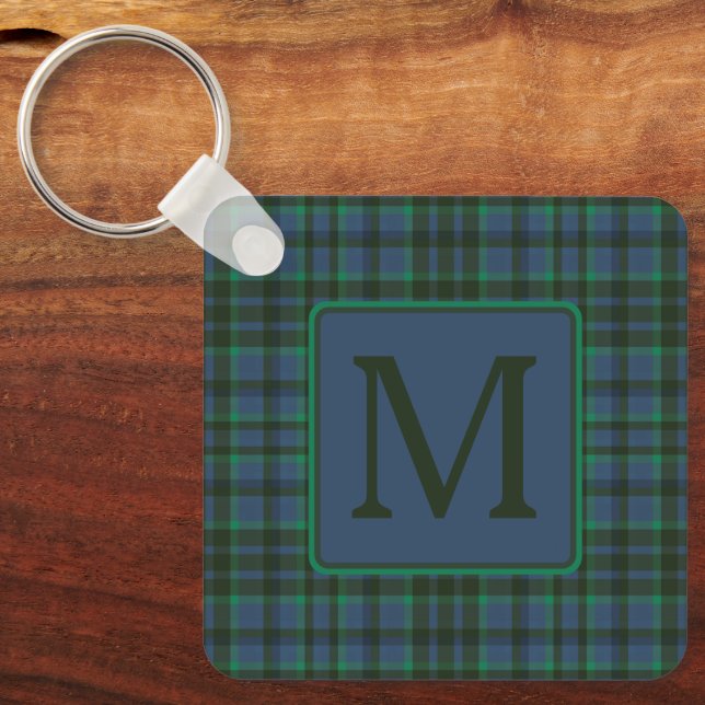 Preppy Green and Blue Plaid Monogram Keychain (Front)