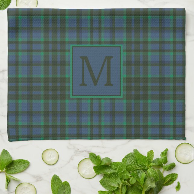 Preppy Green and Blue Plaid Monogram Kitchen Towel (Folded)