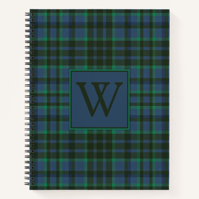 Preppy Green and Blue Plaid Monogram Notebook (Front)