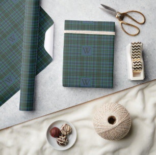 Preppy Green and Blue Plaid Monogram Wrapping Paper