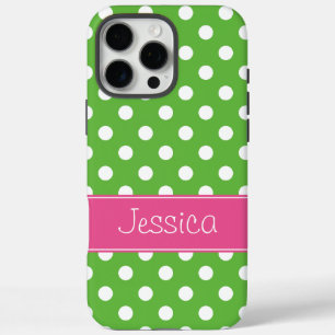 Preppy Green and Pink Polka Dots Personalized iPhone 16 Pro Max Case