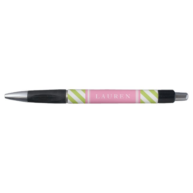 Preppy Green and Pink Stripes Pen (Front)