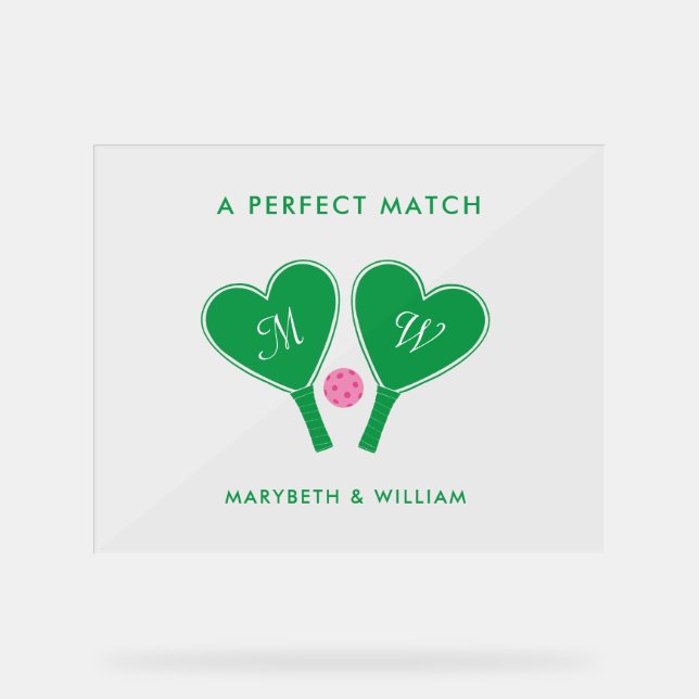 Preppy Green and Pink Wedding Pickleball Acrylic Sign (Front)