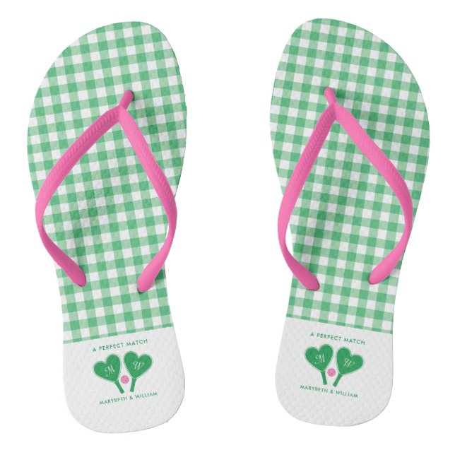 Preppy Green and Pink Wedding Pickleball Flip Flops (Footbed)