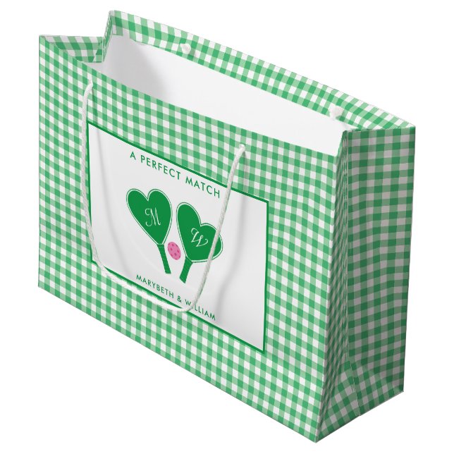 Preppy Green and Pink Wedding Pickleball Large Gift Bag (Front Angled)