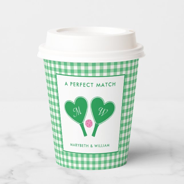 Preppy Green and Pink Wedding Pickleball Paper Cups (Front)