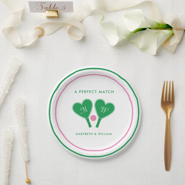 Preppy Green and Pink Wedding Pickleball Paper Plate (Wedding)