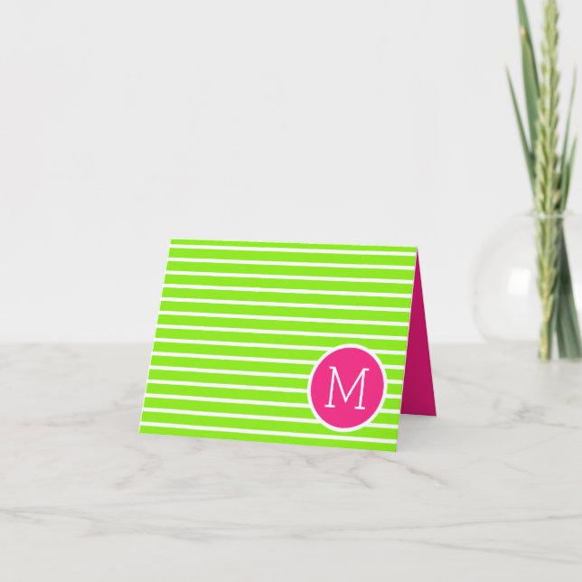 Preppy Green and White Stripes With Pink Monogram Note Card (Front)