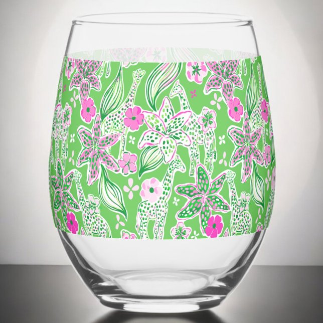 Preppy Green Giraffes Flowers Pink Green Stemless Wine Glass (Creator Uploaded)
