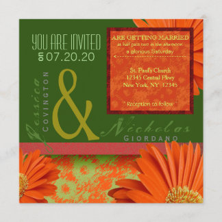 Preppy Green Orange Gerbera Floral Wedding Invites