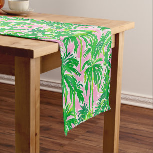 Preppy Green Palm Tree Pink   Tropical Coastal  Short Table Runner