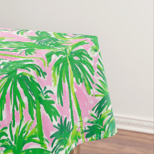 Preppy Green Palm Tree Pink   Tropical Coastal  Tablecloth