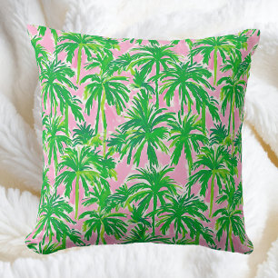Preppy Green Palm Tree Pink   Tropical Coastal  Throw Pillow