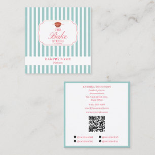 Preppy Green & Pink Stripes Bakery Logo QR Code Square Business Card