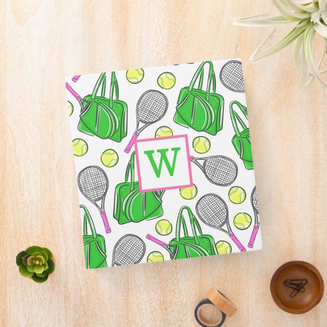 Preppy Green Pink Tennis Racquet Bag Balls Initial Binder (In Situ)