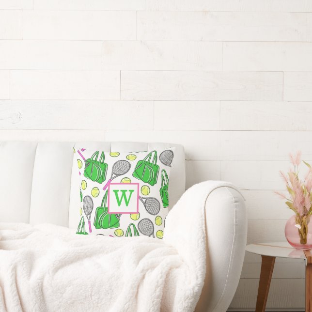 Preppy Green Pink Tennis Racquet Bag Balls Initial Throw Pillow (Couch)
