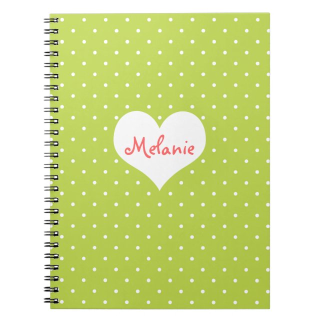 Preppy green polka dot heart personalized journal (Front)