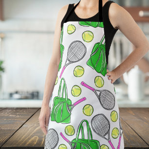 Preppy Green Tennis Rackets and Balls Pattern Apron