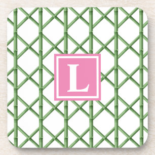 Preppy Green Trellis Bamboo Monogram Coaster