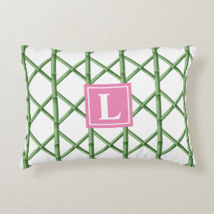 Preppy Green Trellis Bamboo Pattern Monogram Accent Pillow