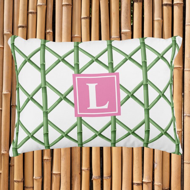 Preppy Green Trellis Bamboo Pattern Monogram Accent Pillow (Creator Uploaded)