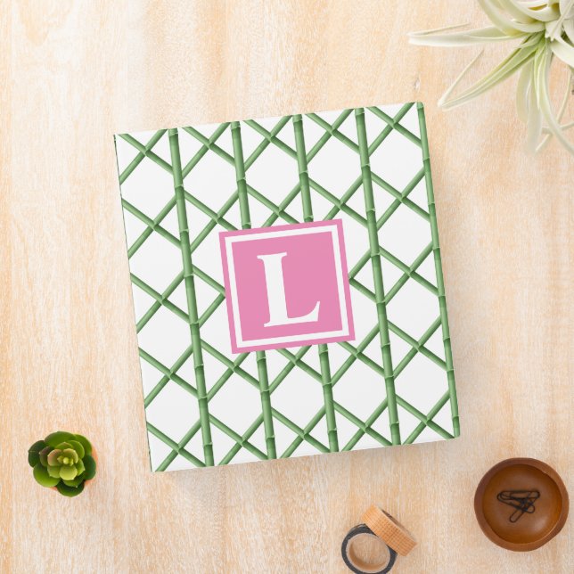 Preppy Green Trellis Bamboo Pattern Monogram Binder (In Situ)