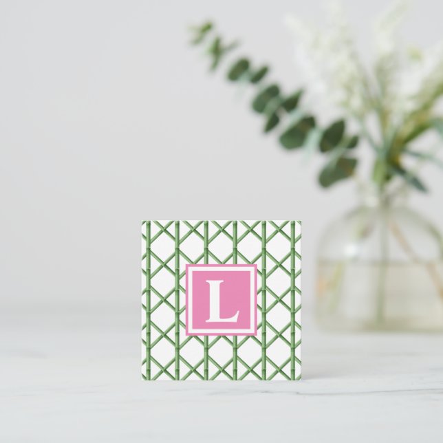 Preppy Green Trellis Bamboo Pattern Monogram Card (Standing Front)