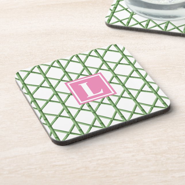 Preppy Green Trellis Bamboo Pattern Monogram Coaster (Left Side)
