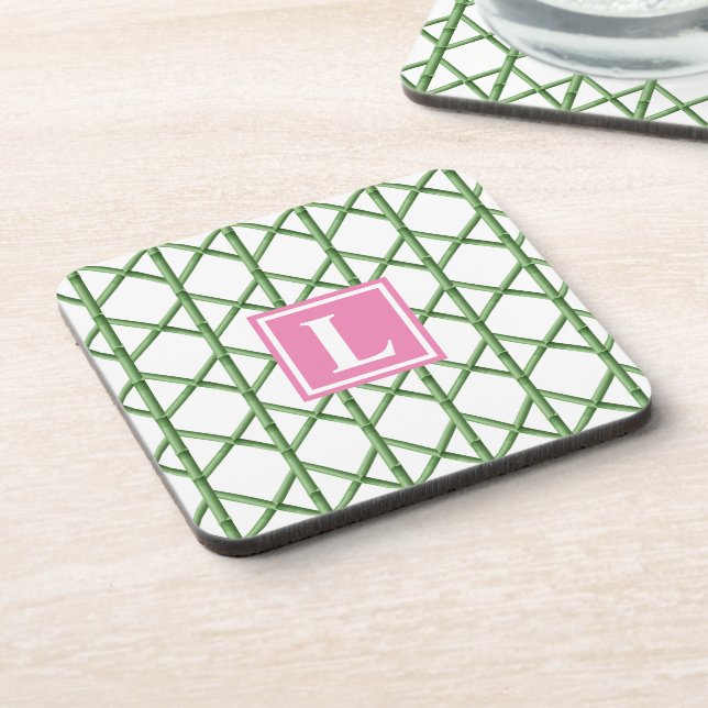 Preppy Green Trellis Bamboo Pattern Monogram Coaster (Left Side)