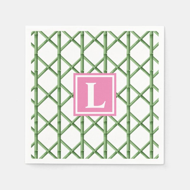 Preppy Green Trellis Bamboo Pattern Monogram Napkin (Front)